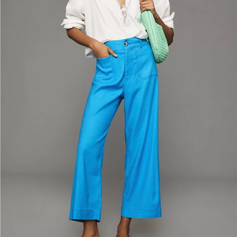 Maeve The Colette Cropped Wide Leg High Waist Linen Pants Blue Anthropologie